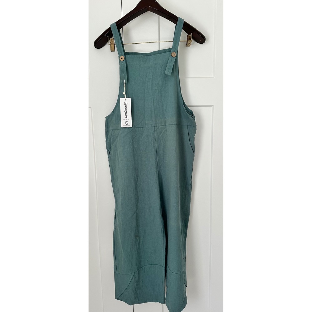 Springrain Womens Cotton Linen Overalls Teal Green Wide Leg Jumpsuit Size Small